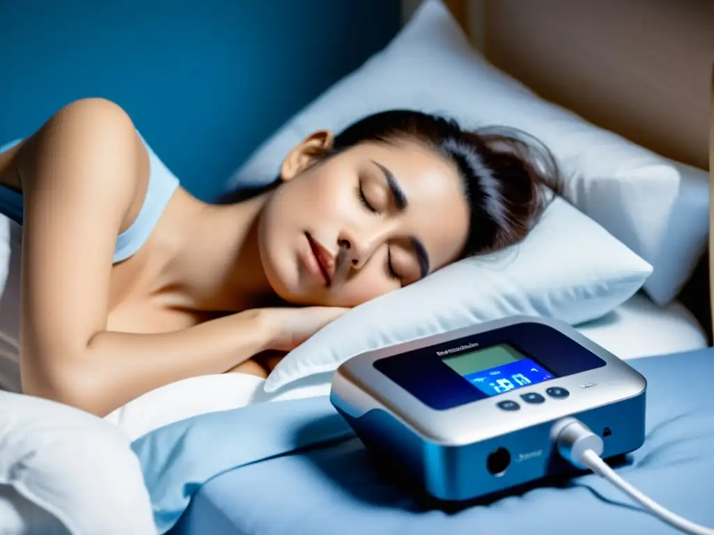 Persona durmiendo en paz con máquina CPAP, rodeada de tonos azules calmantes y luz suave, transmitiendo serenidad y bienestar con técnicas de respiración para apnea del sueño