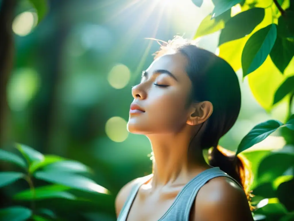 Persona en paz practicando técnicas respiratorias para bienestar en la naturaleza serena, con luz filtrada entre hojas verdes