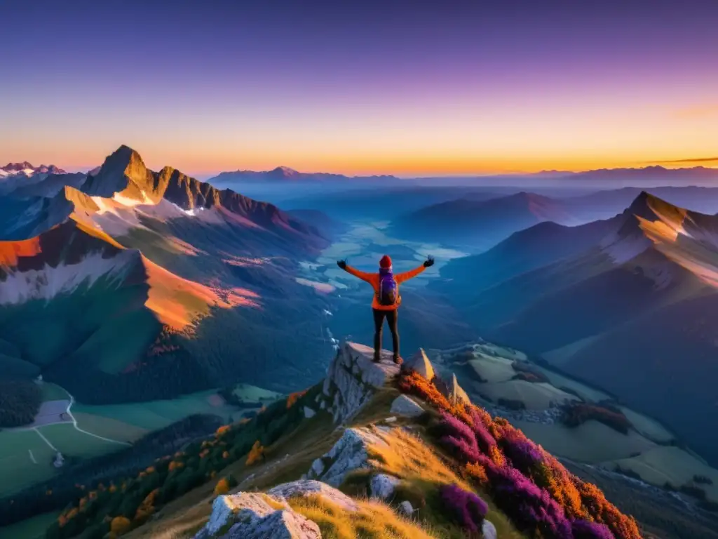 Persona de pie en la cima de una montaña al amanecer, con los brazos abiertos y el sol resplandeciente detrás