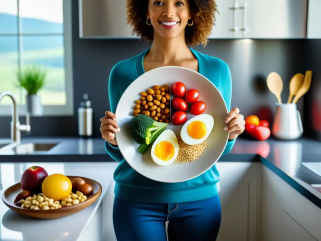 Una persona sostiene un plato con 'Alimentos evitar asma dieta', rodeada de alimentos saludables