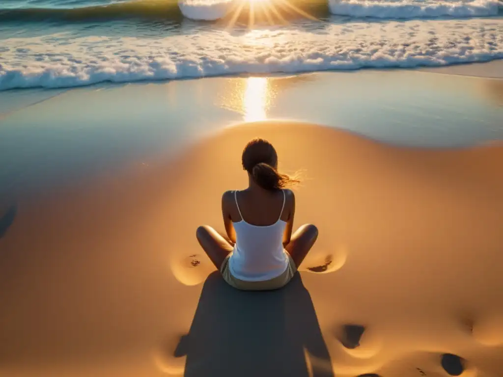 Persona en meditación en la playa al atardecer, bañada por la luz dorada del sol