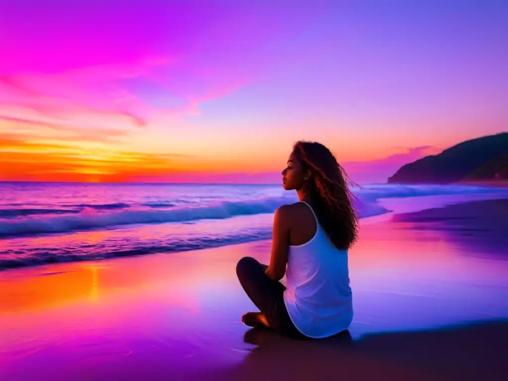 Persona meditando en la playa al atardecer, reducción de ansiedad respiración consciente