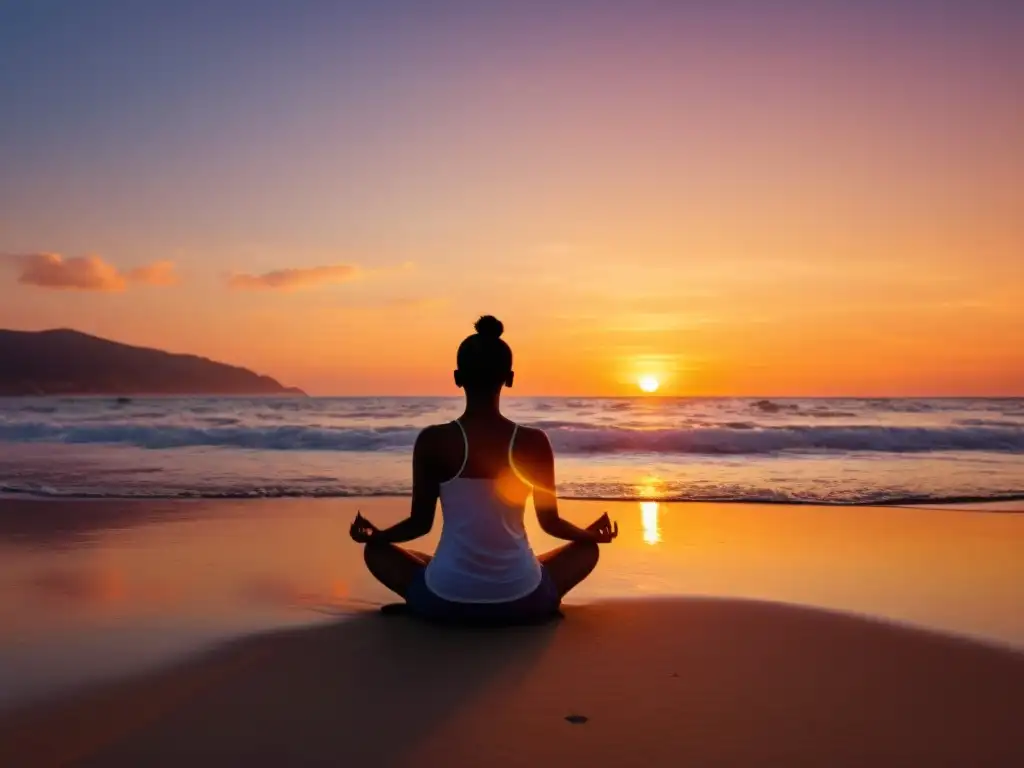 Persona meditando en la playa al atardecer, practicando técnicas de respiración basadas en evidencia para encontrar paz interior