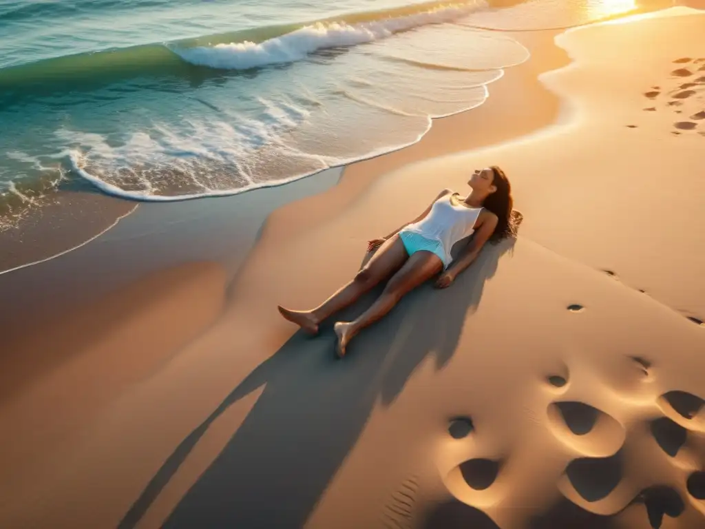 Persona en la playa al atardecer practicando respiración holotrópica terapia transpersonal, en un ambiente sereno y meditativo