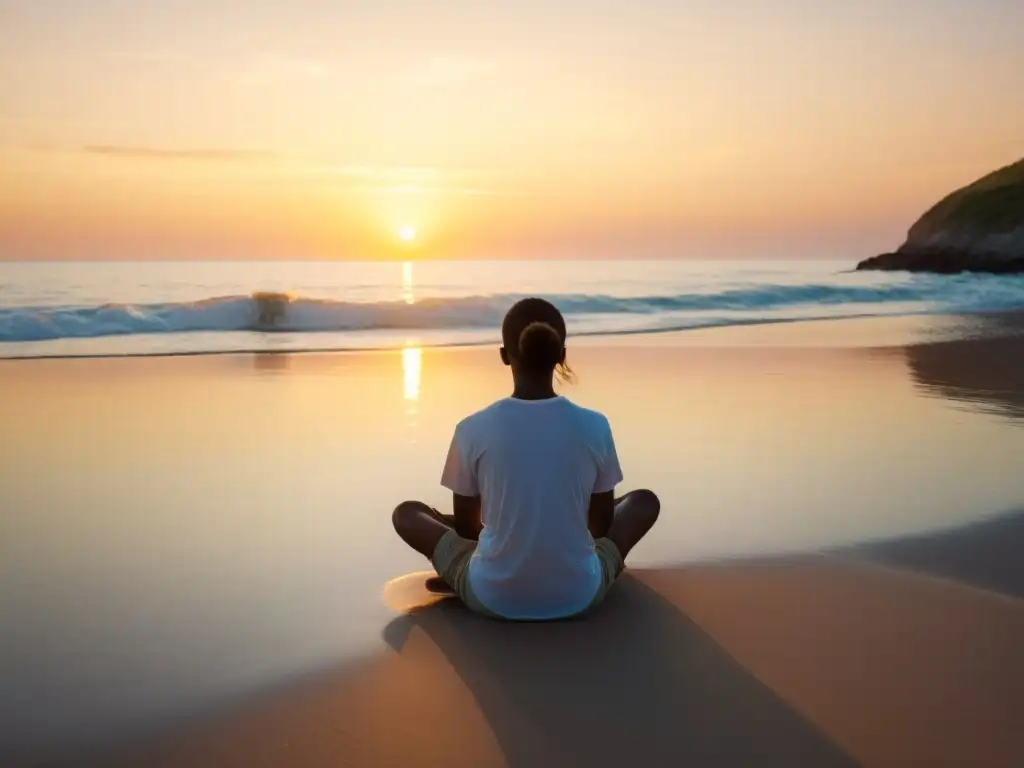 Persona meditando en la playa al amanecer, en calma y armonía, practicando ejercicios de respiración consciente y meditación profunda