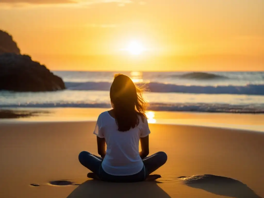 Persona meditando al amanecer en la playa, rodeada de luz dorada