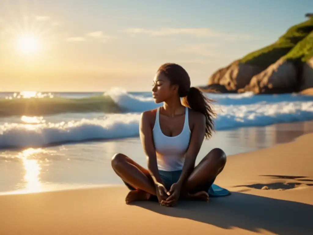 Persona meditando en la playa, con el sol iluminando su rostro sereno, practicando técnicas de control para hiperventilación y síntomas de ansiedad