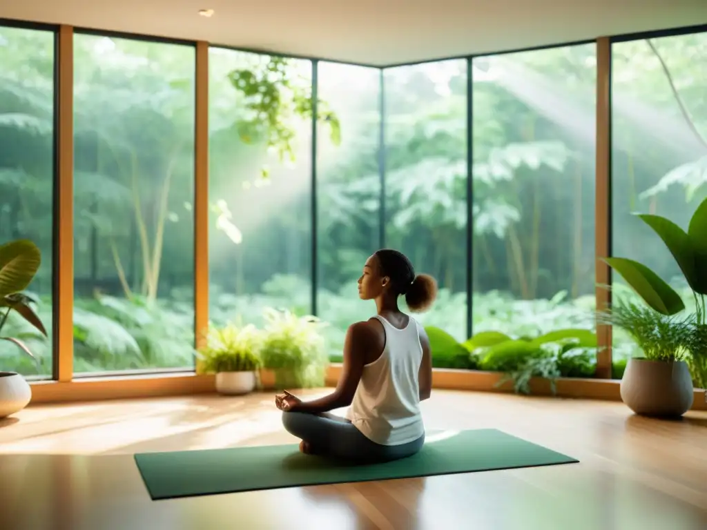 Una persona en pose meditativa en un estudio minimalista, rodeada de vegetación, transmitiendo calma y enfoque con técnicas de respiración consciente