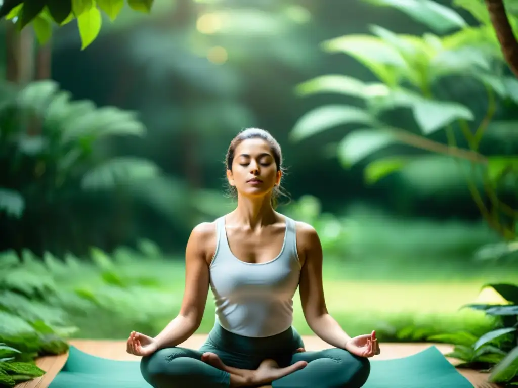 Persona en pose de yoga en paz, practicando Pranayama rodeada de naturaleza