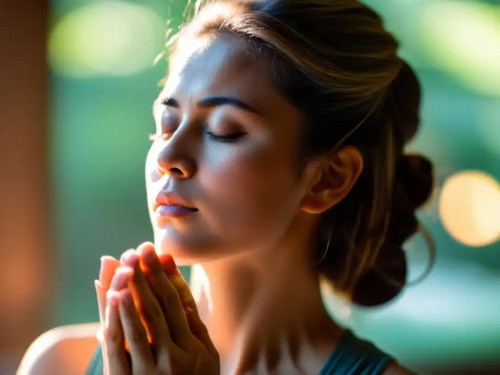 Una persona en pose de yoga practicando la respiración alterna por la nariz en un estudio sereno