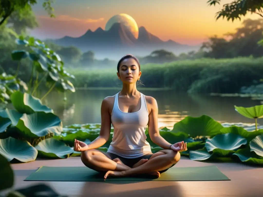 Persona en posición de loto, rodeada de naturaleza, respirando la energía solar y lunar en armonía y tranquilidad