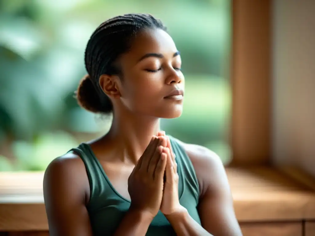 Una persona en posición de meditación, rodeada de suave luz natural, transmitiendo calma y serenidad