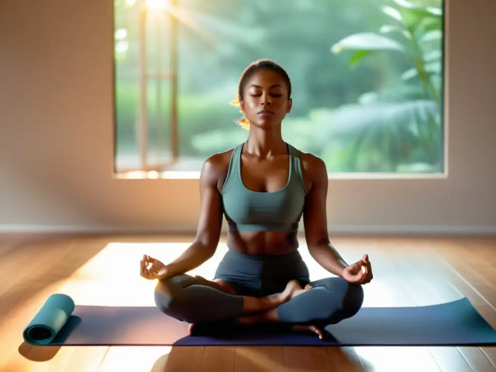 Una persona en postura de yoga, respirando profundamente en un ambiente sereno