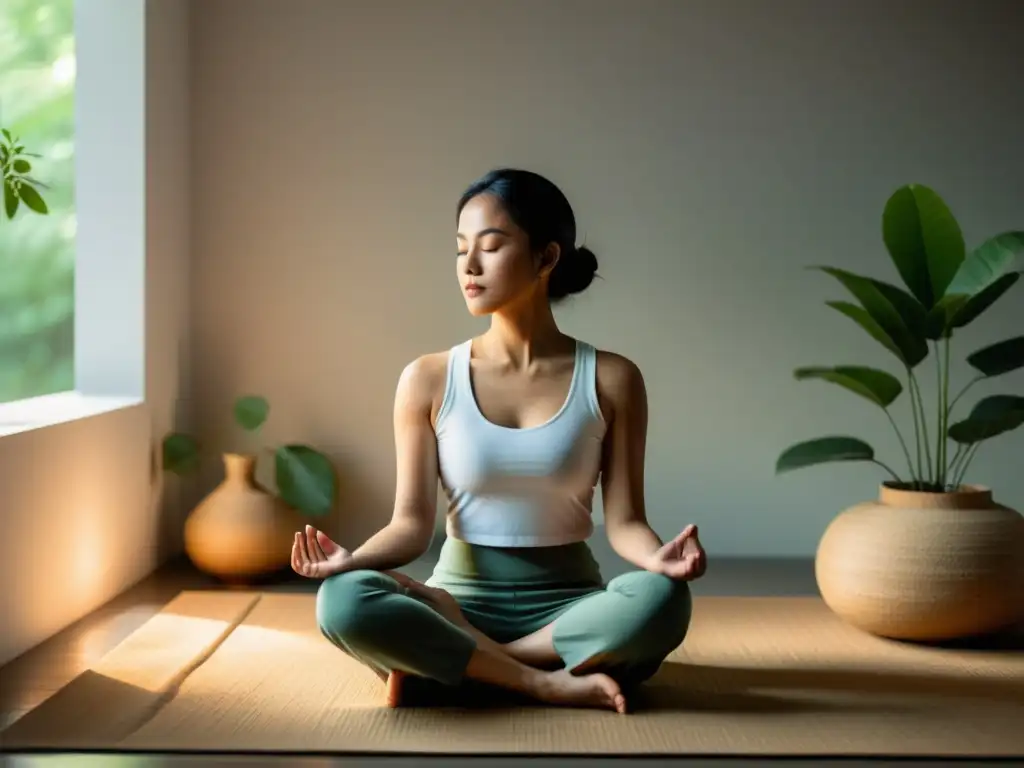 Persona en meditación Zen, con postura calmada y enfoque, rodeada de luz natural