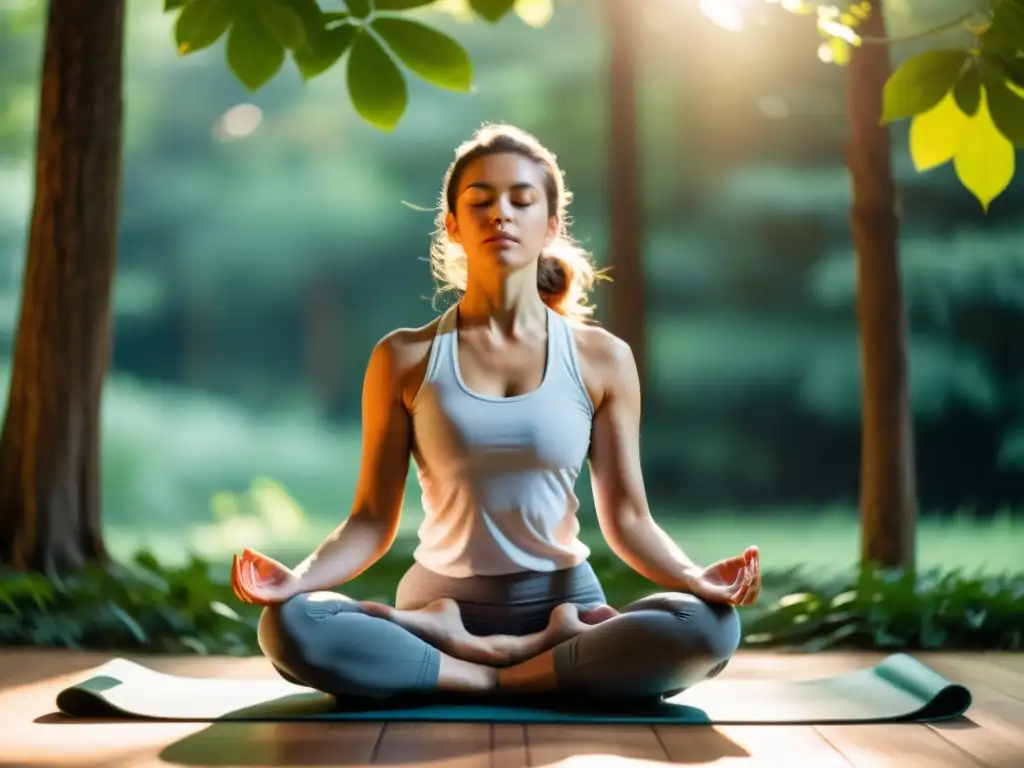 Persona en postura de yoga, respirando profundamente en un entorno natural