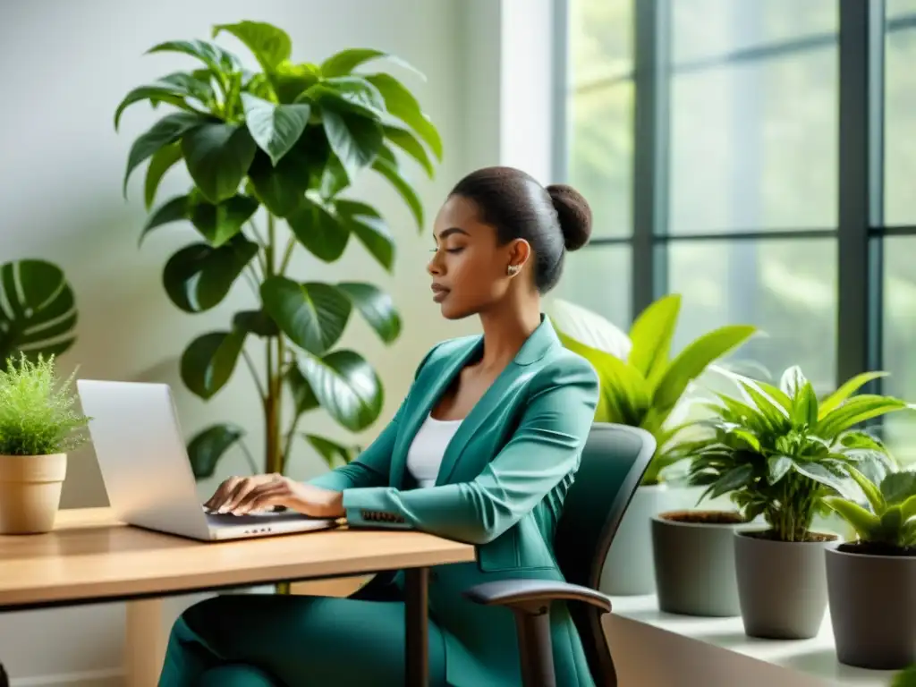 Persona con postura ergonómica, usando laptop en un espacio lleno de plantas y luz natural