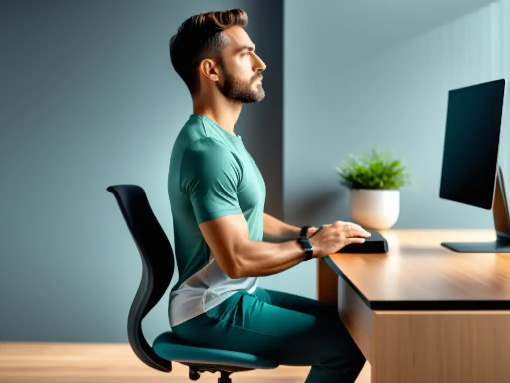 Persona en postura ergonómica, con respiración profunda, en un espacio de trabajo moderno y relajante