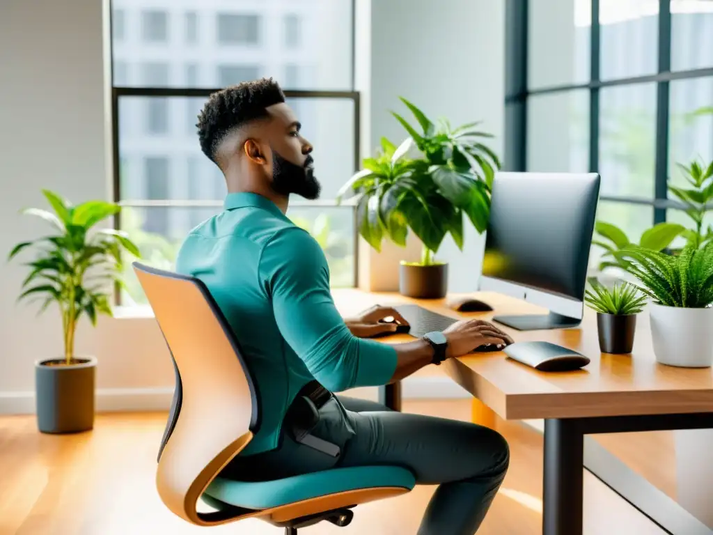 Persona trabajando con postura ergonómica y respiración consciente en un espacio de oficina moderno y luminoso