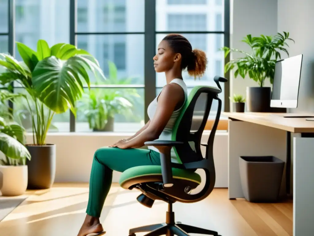 Persona con postura ergonómica y soporte lumbar, practicando una respiración eficiente en un entorno de oficina tranquilo y enfocado