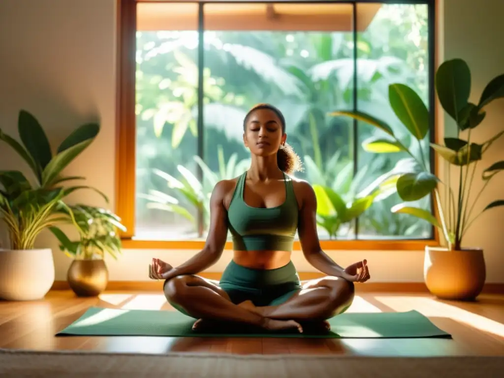 Persona en postura de meditación respirando profundamente, en un espacio lleno de plantas