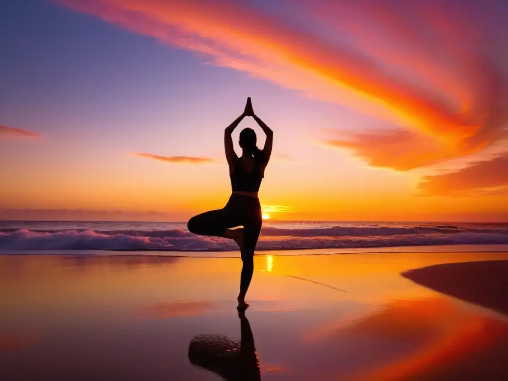 Persona en postura de guerrero practicando yoga en una playa al atardecer, reflejando equilibrio y tranquilidad