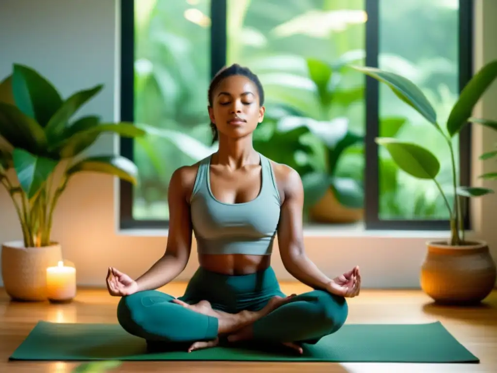 Persona en postura de loto en colchoneta rodeada de plantas, practicando respiración consciente
