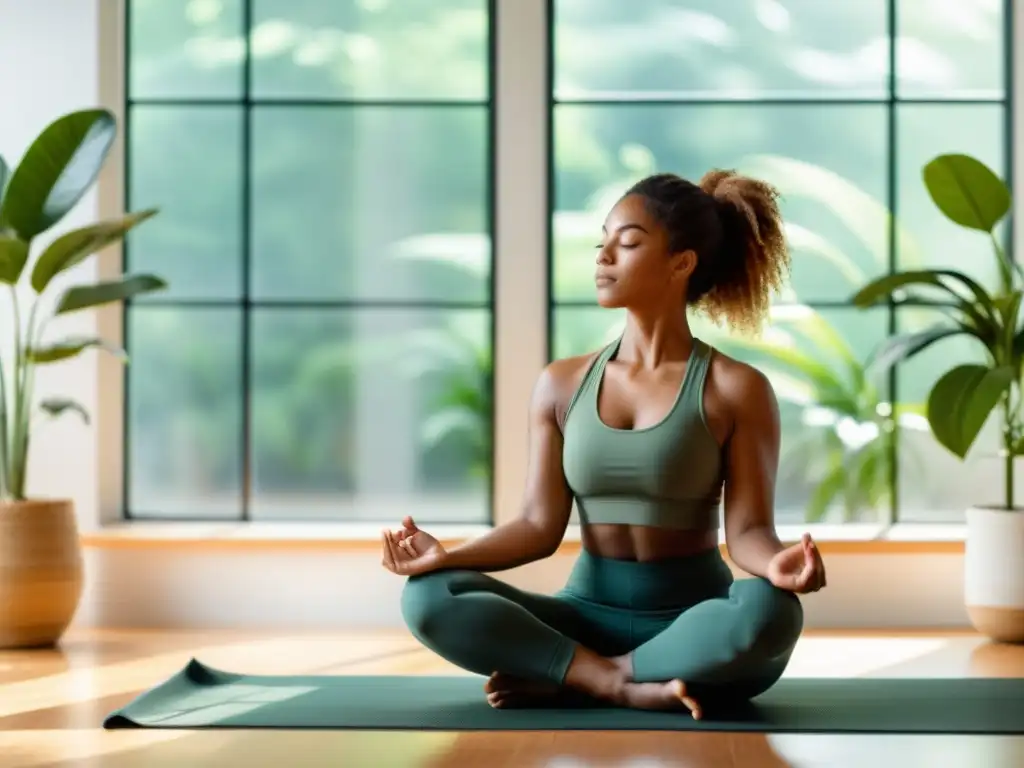 Persona en postura de loto en un espacio tranquilo con luz natural, transmitiendo calma y conexión con la meditación y la respiración