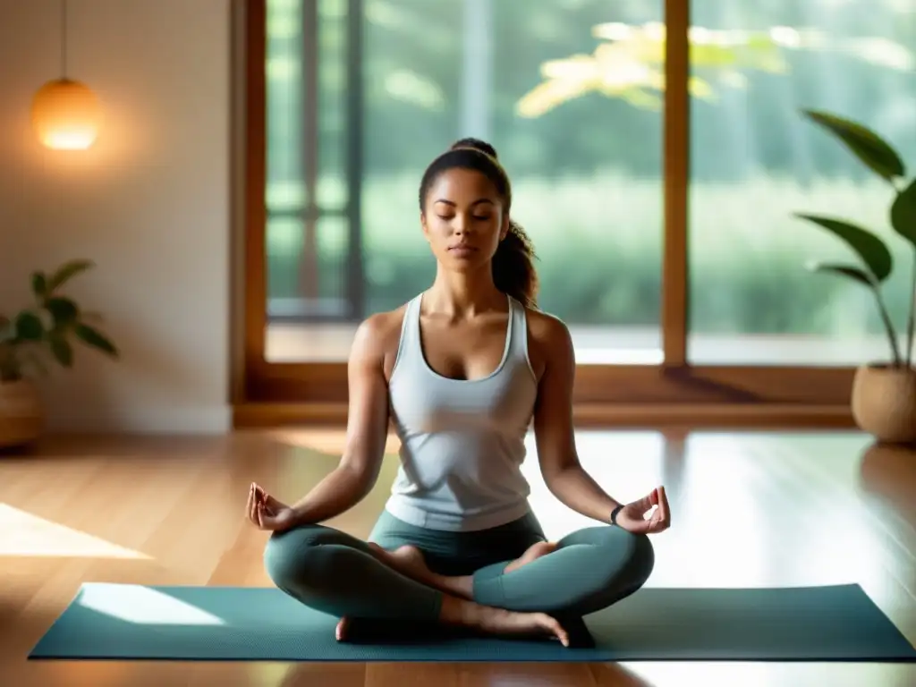 Persona en postura de loto meditando en un espacio sereno con luz natural