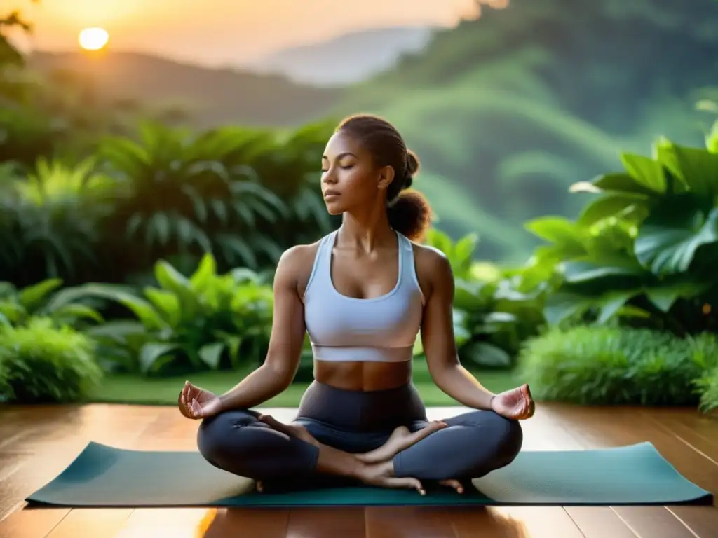 Una persona en postura de loto sobre una esterilla de yoga, rodeada de exuberante vegetación, iluminada por el cálido sol poniente