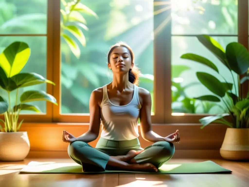 Persona en postura de meditación, rodeada de vegetación, reflejando tranquilidad