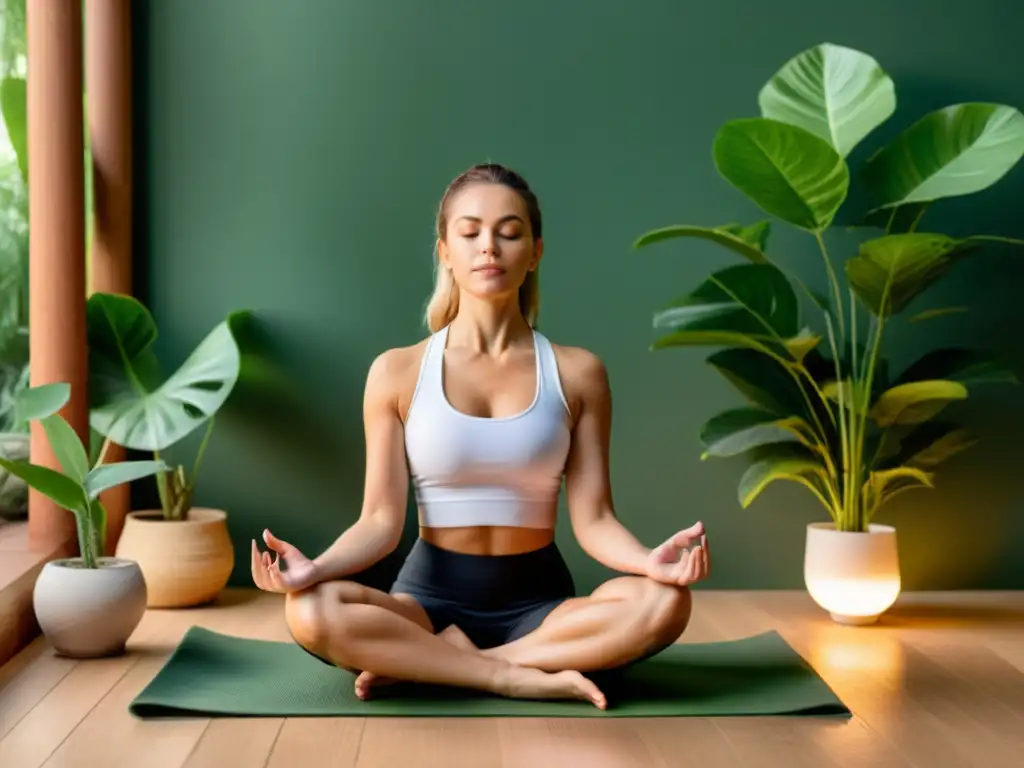 Persona en postura de meditación rodeada de vegetación, irradiando calma y serenidad