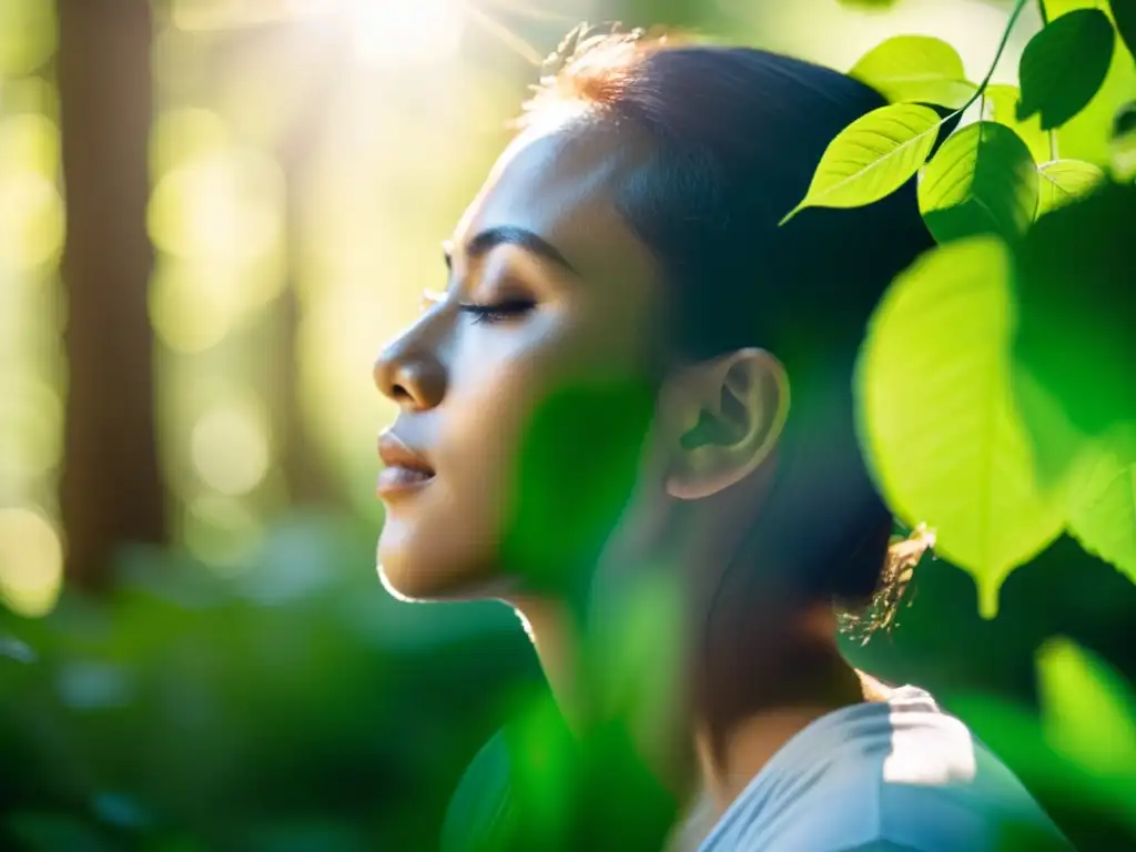 Persona en postura meditativa en un bosque verde, respiración como herramienta terapéutica