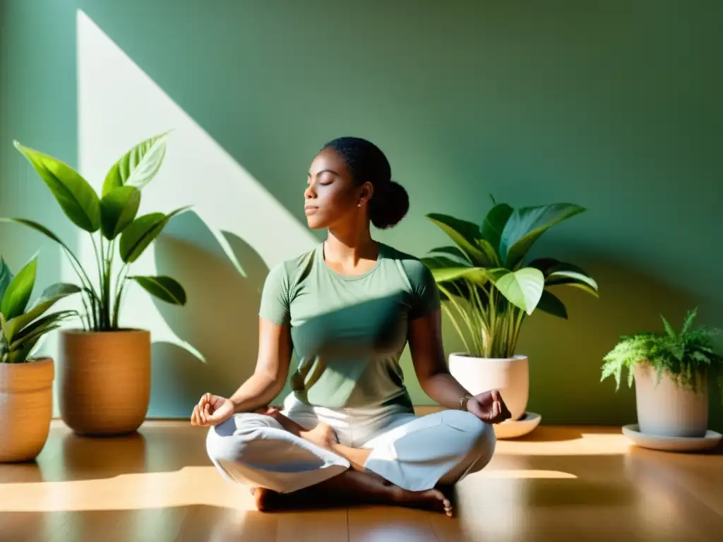 Persona en postura meditativa en estudio tranquilo y luminoso, rodeada de plantas