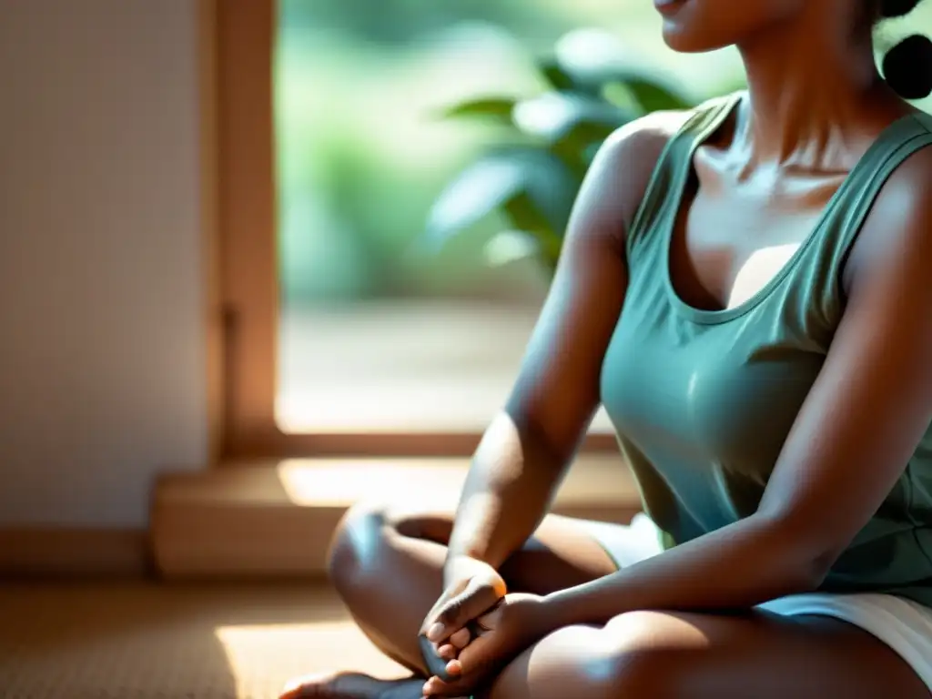 Una persona en postura meditativa, con luz suave y expresión relajada, evoca tranquilidad