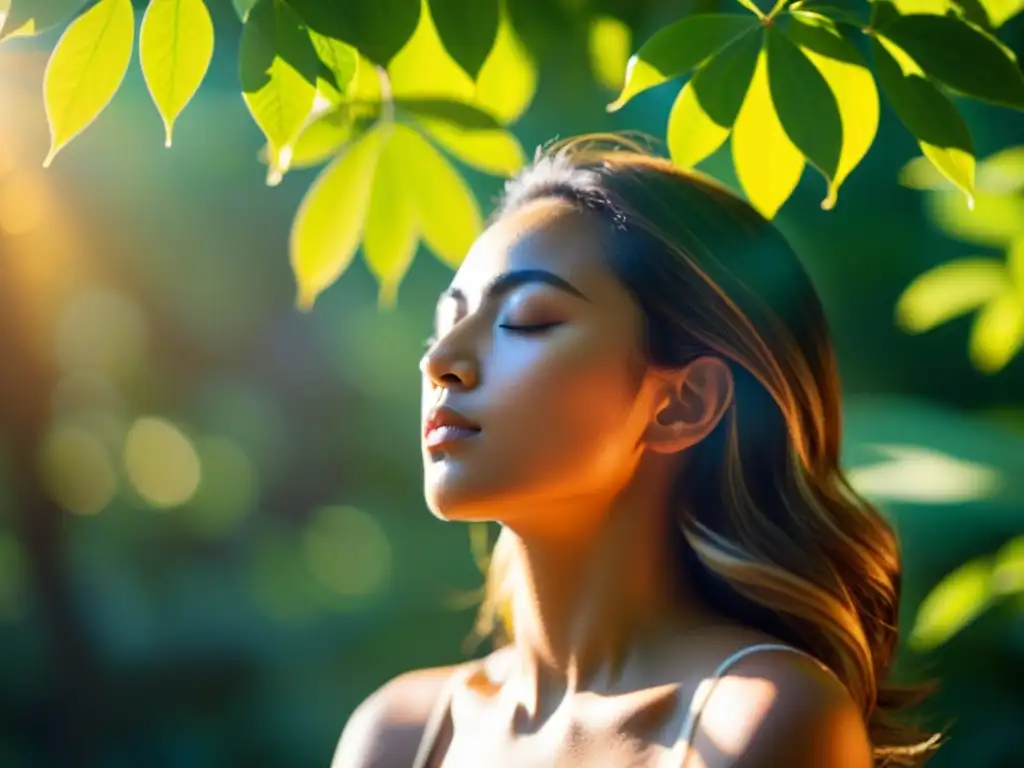 Persona en postura meditativa bajo la luz cálida del sol, con patrones de sombra de las hojas