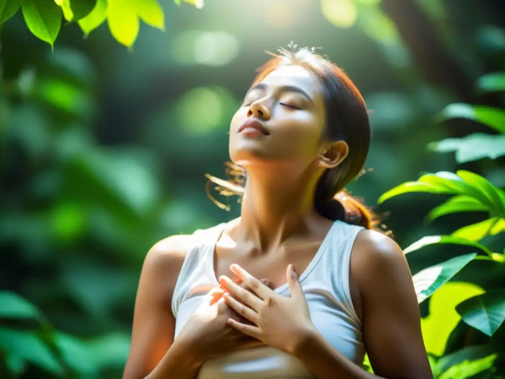 Una persona en postura meditativa en medio de exuberante vegetación, practicando técnicas de respiración para pacientes con EPOC