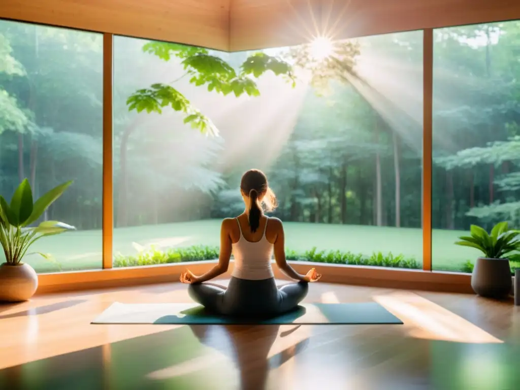 Persona en postura meditativa practicando respiración consciente para descompresión columna en estudio de yoga con vista a la naturaleza serena