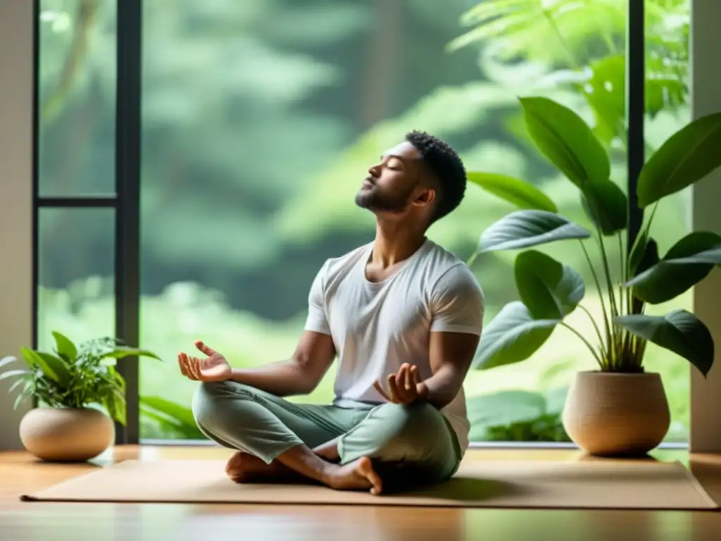 Persona en postura meditativa, rodeada de vegetación, en un espacio minimalista con luz natural, evocando calma y nuevas perspectivas