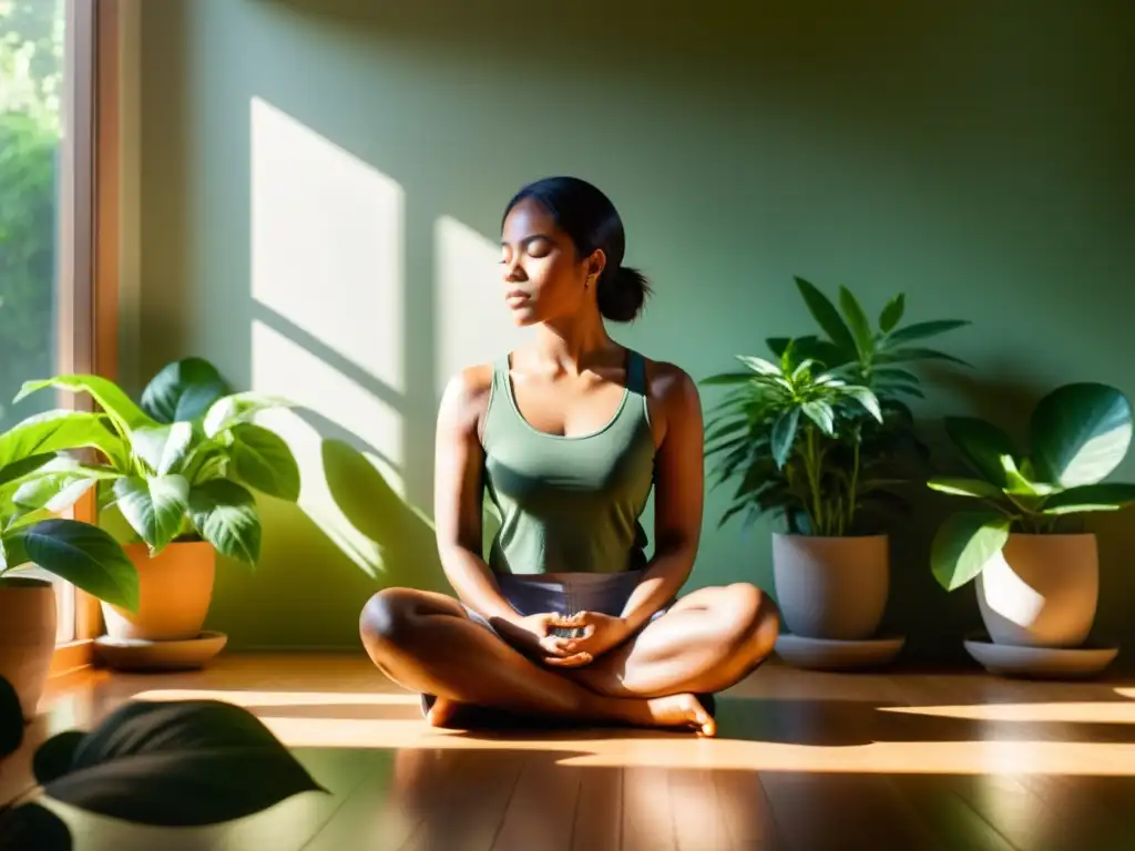 Persona en postura meditativa rodeada de plantas verdes, bañada por la luz del sol