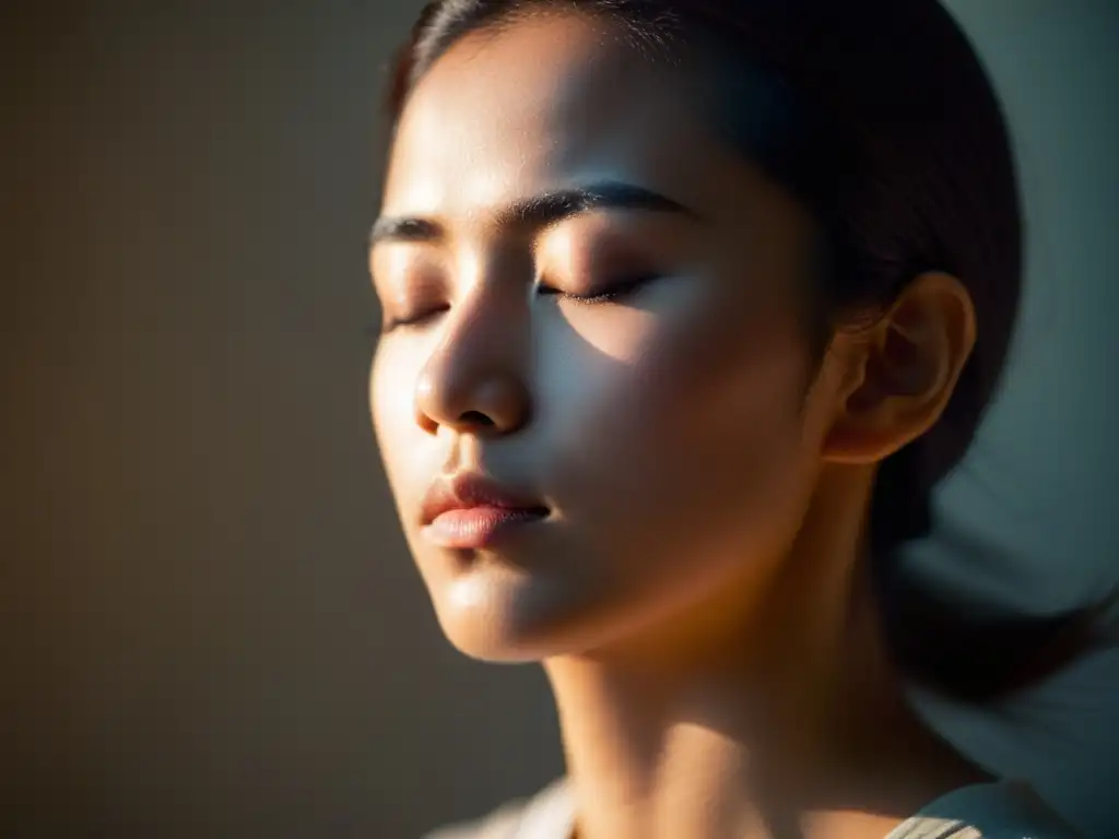 Una persona en postura meditativa, rodeada de una suave luz, irradia calma y serenidad