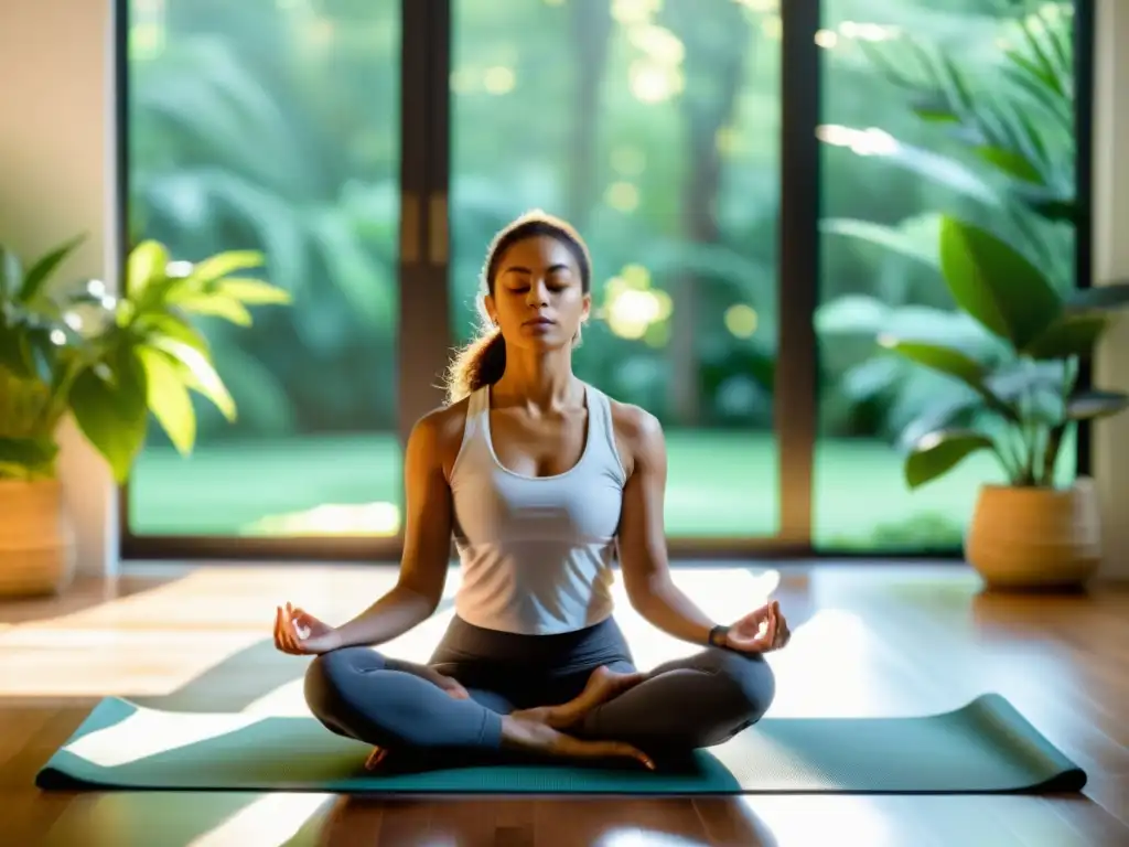 Tranquilidad y enfoque: ejercicios de respiración para el manejo del dolor Persona en postura de yoga respirando profundamente rodeada de naturaleza, transmitiendo tranquilidad y enfoque