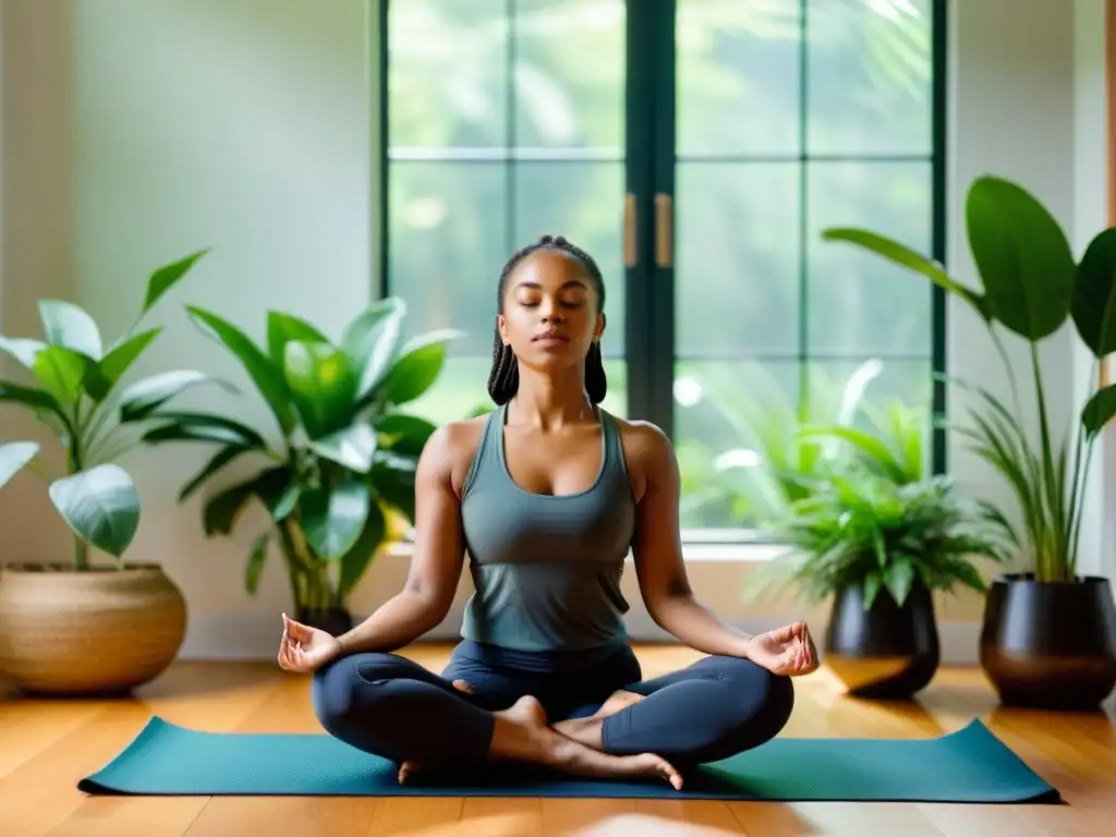 Persona en postura de yoga, respirando profundamente rodeada de plantas y luz natural