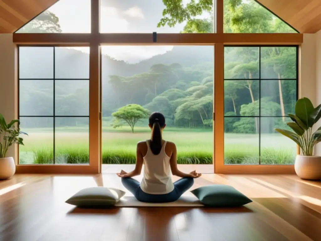 Una persona en postura de meditación en una sala de terapia con vistas a la naturaleza