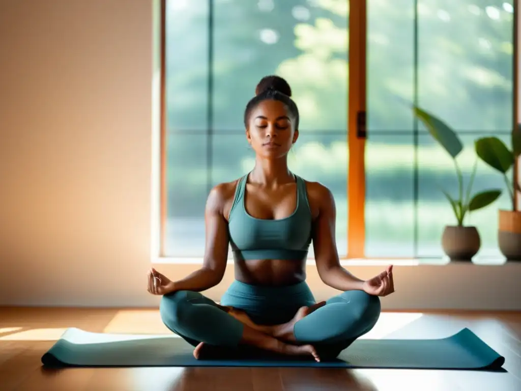 Persona en postura de yoga, meditando en un entorno minimalista iluminado por luz natural