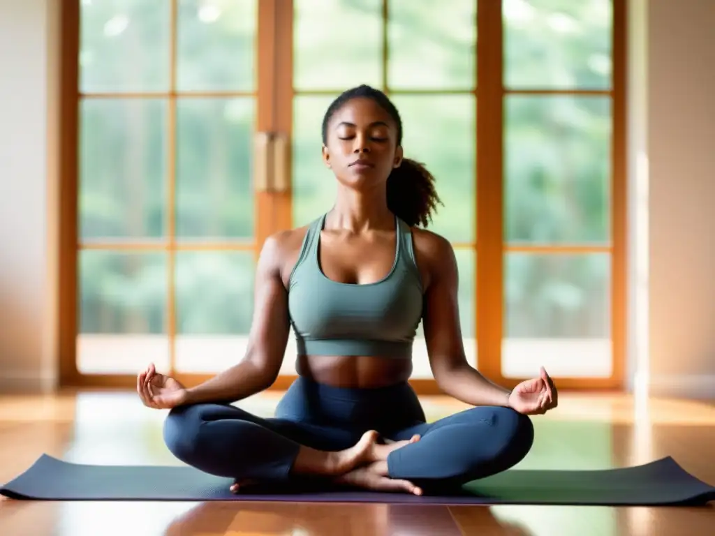 Persona en postura de yoga, meditando en un estudio tranquilo con luz natural