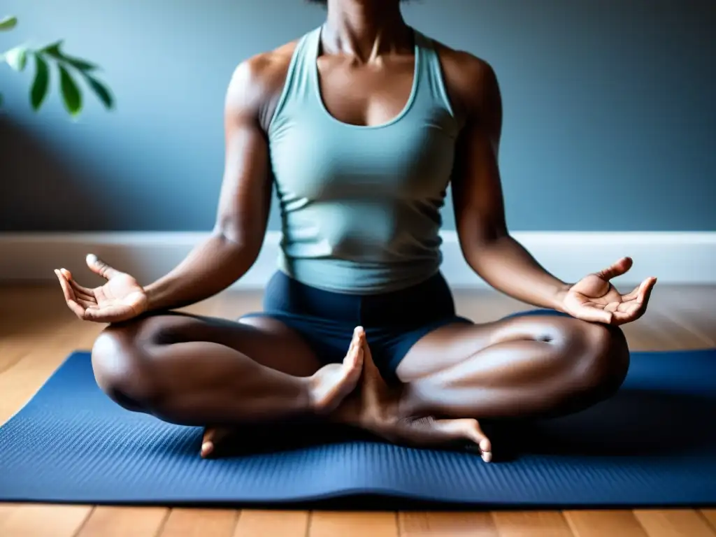 Serena meditación: retrato detallado de una persona en postura de yoga Persona en postura de yoga meditativa, iluminada por luz suave