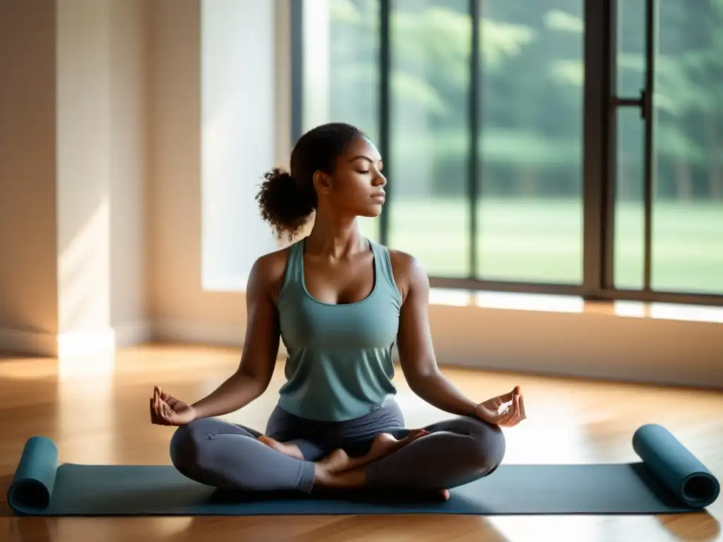 Persona en postura de yoga, ojos cerrados, expresión serena, en una habitación iluminada