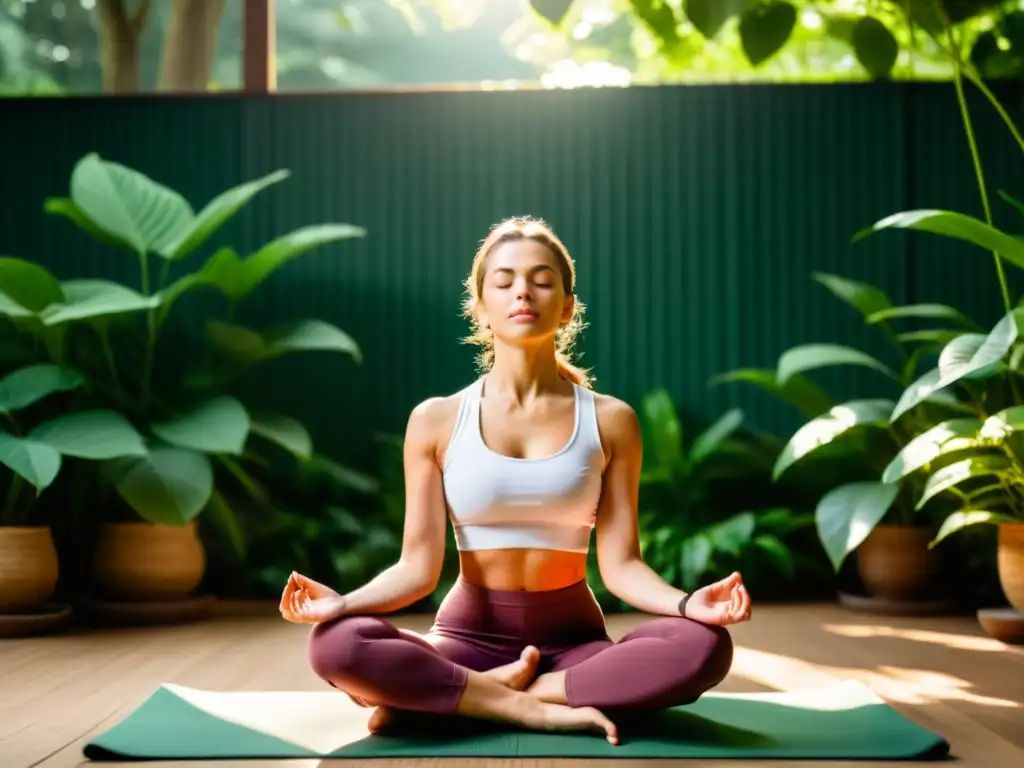 Persona en postura de yoga, rodeada de naturaleza, practicando respiración profunda