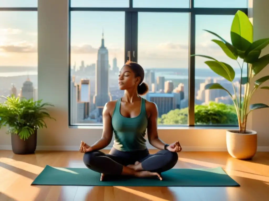 Persona en postura de yoga, rodeada de plantas y luz natural, transmite calma y conexión con la respiración para controlar estrés y ansiedad