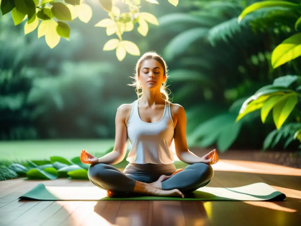 Persona en postura de yoga, rodeada de naturaleza, transmitiendo serenidad y la importancia de la respiración para la salud mental